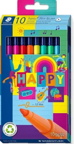 STAEDTLER TRIPLUS COLOR 323 PACK DE 10 ROTULADORES DE PUNTA FINA - TRAZO 1MM APROX - TINTA BASE DE AGUA - COLORES SURTIDOS