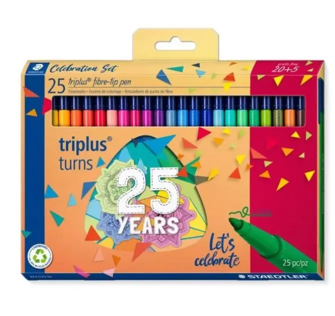 STAEDTLER TRIPLUS COLOR 323 PACK DE 25 ROTULADORES DE PUNTA FINA - TRAZO 1MM APROX - TINTA BASE DE AGUA - COLORES SURTIDOS