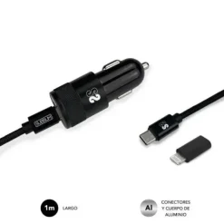 SUBBLIM CARGADOR COCHE DUAL PD20W+QC3.0+C TO C/LIGHTNING CABLE - CARGA RÁPIDA - 2 PUERTOS USB C + USB A - CABLE USB C REVERSIBLE CON ADAPTADOR LIGHTNING - POTENCIA MÁXIMA 20W - COLOR NEGRO