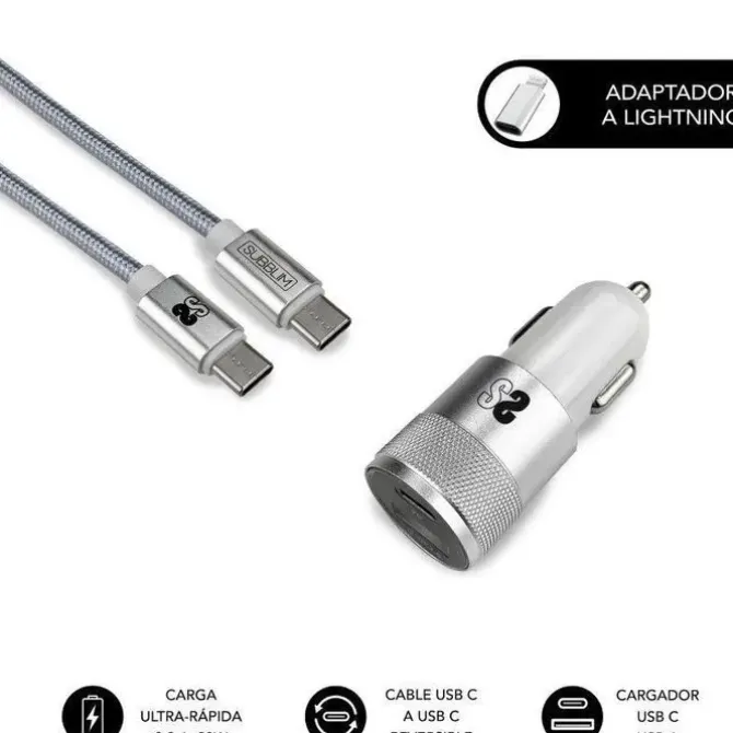 SUBBLIM CARGADOR COCHE DUAL PD20W+QC3.0+C TO C/LIGHTNING CABLE - 20W - CARGA RÁPIDA SIMULTÁNEA - CABLE USB C REVERSIBLE - COLOR PLATA