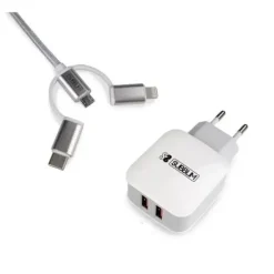 SUBBLIM CARGADOR DE PARED DUAL - 1M - EXTERIOR DE NYLON RESISTENTE Y FLEXIBLE - CONECTORES DE ALUMINIO - CARGA RÁPIDA Y SIMULTÁNEA DE DOS DISPOSITIVOS - COLOR BLANCO