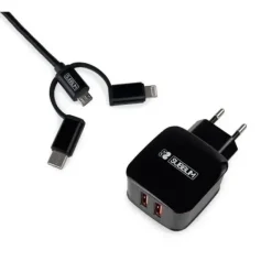 SUBBLIM CARGADOR DE PARED DUAL - LONGITUD 1M - EXTERIOR DE NYLON RESISTENTE Y FLEXIBLE - CARGA RÁPIDA HASTA 2400AMP/12W - 2 PUERTOS USB PARA CARGA SIMULTÁNEA - COLOR NEGRO