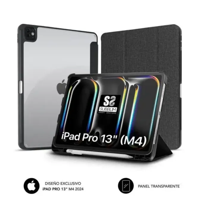 SUBBLIM FUNDA EXCLUSIVA PARA IPAD PRO 13? M4 2024 - CIERRE MAGNETICO - BORDES REFORZADOS - 2 POSICIONES DE SOPORTE - COLOR NEGRO/TRANSPARENTE