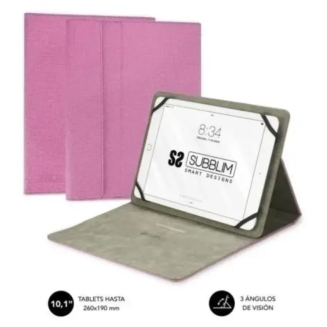SUBBLIM FUNDA UNIVERSAL PARA TABLET - ACABADO EN TACTO CLOTH - SOPORTE ANTIDESLIZANTE - CIERRE MAGNÉTICO - SISTEMA DE SUJECIÓN EXCLUSIVO - COLOR ROSA