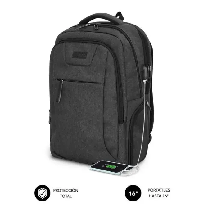 SUBBLIM MOCHILA AIR PADDING PARA PORTATIL DE 16 - DEPARTAMENTOS Y BOLSILLOS ORGANIZADORES - RESISTENTE AL AGUA - PUERTO USB - COLOR NEGRO