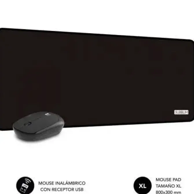 SUBBLIM PACK HARMONY ALFOMBRILLA DE ESCRITORIO 800X300X2MM, BORDES REFORZADOS, BASE ANTIDESLIZANTE + RATON INALAMBRICO 1200DPI, 3 BOTONES - COLOR NEGRO