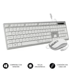 SUBBLIM TECLADO Y RATÓN USB ERGO - TECLAS ERGONÓMICAS - DISEÑO PLANO Y COMPLETO - CONECTOR USB PLUG&PLAY - RATÓN ERGONÓMICO CON CABLE - COLOR BLANCO/GRIS