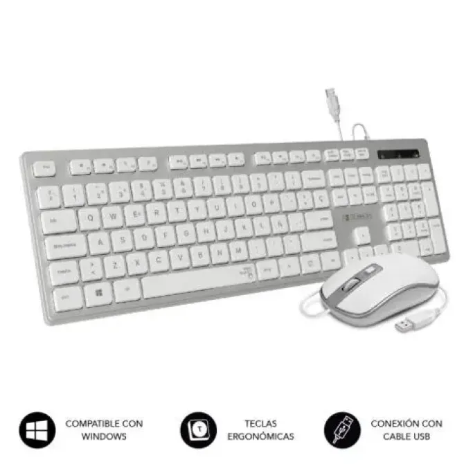 SUBBLIM TECLADO Y RATÓN USB ERGO - TECLAS ERGONÓMICAS - DISEÑO PLANO Y COMPLETO - CONECTOR USB PLUG&PLAY - RATÓN ERGONÓMICO CON CABLE - COLOR BLANCO/GRIS