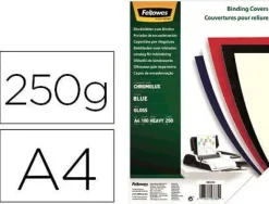 TAPA DE ENCUADERNACION FELLOWES DIN A4 CARTON BRILLO AZUL CHROMOLUX 250 GR PACK DE 100 UNIDADES