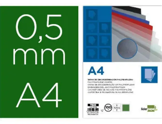 TAPA ENCUADERNACION LIDERPAPEL POLIPROPILENO A4 0.5MM VERDE OPACO PAQUETE DE 100 UNIDADES