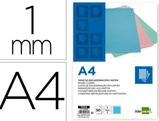 TAPA ENCUADERNACION LIDERPAPEL CARTON A4 1 MM CELESTE PAQUETE DE 50 UNIDADES