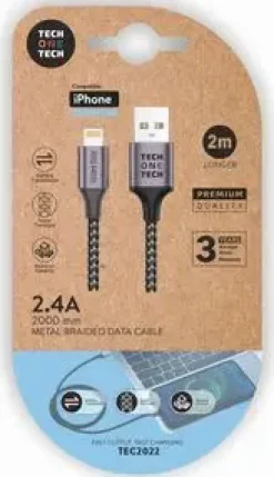 TECHONETECH CABLE USB-A MACHO A LIGHTNING MACHO 2M - RECUBIERTO DE NYLON TRENZADO
