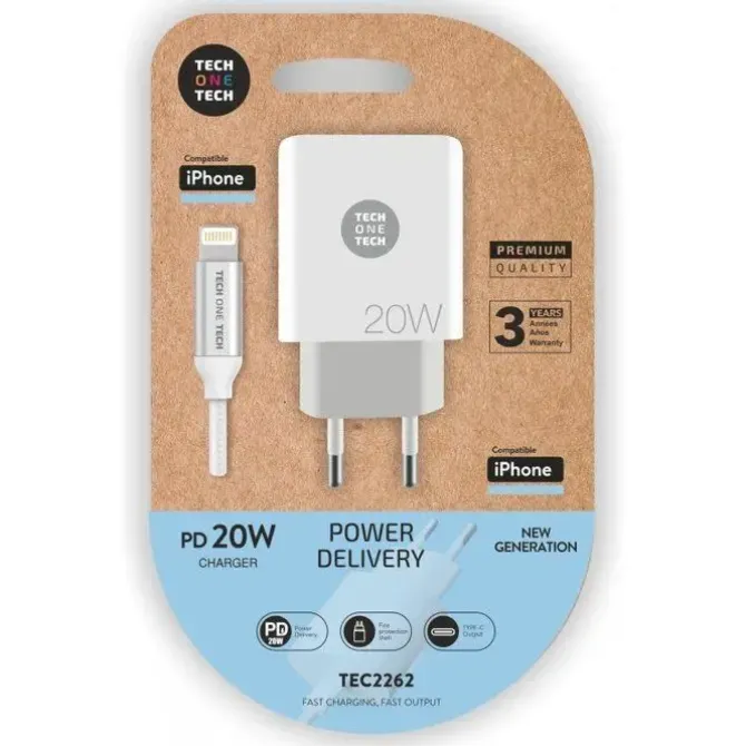 TECHONETECH CARGADOR DE PARED PD 20W + CABLE USB-C A LIGHTNING