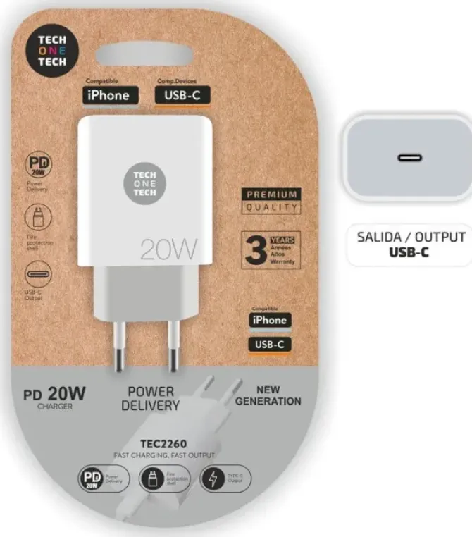 TECHONETECH CARGADOR DE PARED USB-C PD 3.0 5V-15V 20W - ULTRARAPIDO