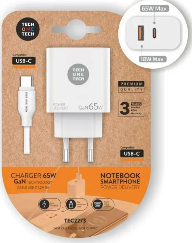 TECHONETECH CARGADOR DE PARED GAN PD 3.0 65W - PARA PORTATILES Y SMARTPHONES - CABLE USB-C A USB-C 1M