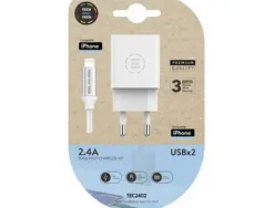 TECHONETECH CARGADOR DOBLE DE PARED + CABLE USB-A A LIGHTNING 1M - RECUBIERTO DE NYLON TRENZADO