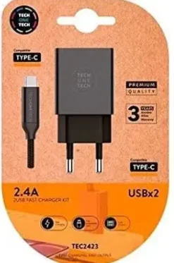 TECHONETECH CARGADOR DOBLE DE PARED + CABLE USB-A A USB-C 1M - RECUBIERTO DE NYLON TRENZADO