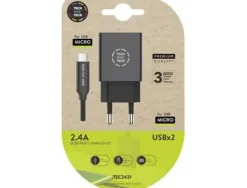 TECHONETECH CARGADOR DOBLE DE PARED + CABLE USB-A A MICRO-USB 2.4 1M - RECUBIERTO DE NYLON TRENZADO