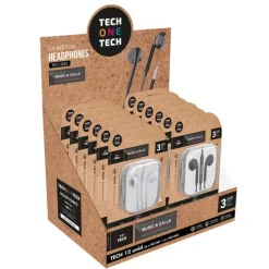 TECHONETECH EAR TECH EXPOSITOR DE 12 AURICULARES INTRAURALES - MICROFONO INTEGRADO - MINI JACK 3.5MM - ASISTENTE VOZ - CABLE DE 1.20M