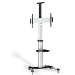 TOOQ SOPORTE DE PANTALLA DE SUELO CON RUEDAS 37-70 - BLOQUEO DE RUEDAS - DOS ESTANTES - GESTION DE CABLES - PESO MAX 50KG - VESA 600X400MM - COLOR ALUMINIO/NEGRO