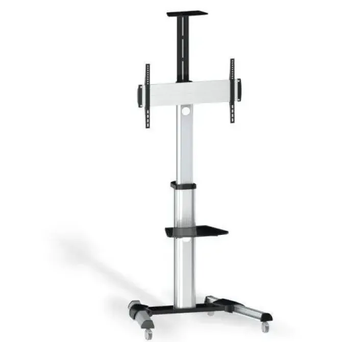 TOOQ SOPORTE DE PANTALLA DE SUELO CON RUEDAS 37-70 - BLOQUEO DE RUEDAS - DOS ESTANTES - GESTION DE CABLES - PESO MAX 50KG - VESA 600X400MM - COLOR ALUMINIO/NEGRO