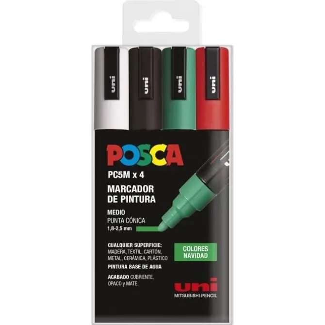 UNI POSCA PC5 MEDIO 4 COLORES NAVIDAD ROJO VERDE NEGRO BLANCO 182634857
