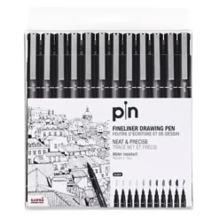 UNI-BALL ROTULADOR CALIBRADO UNI PIN ESTUCHE 12 UD. - PUNTA POLIACETAL DE VARIOS GROSORES - TINTA RESISTENTE AL AGUA Y A LA LUZ - COLOR NEGRO