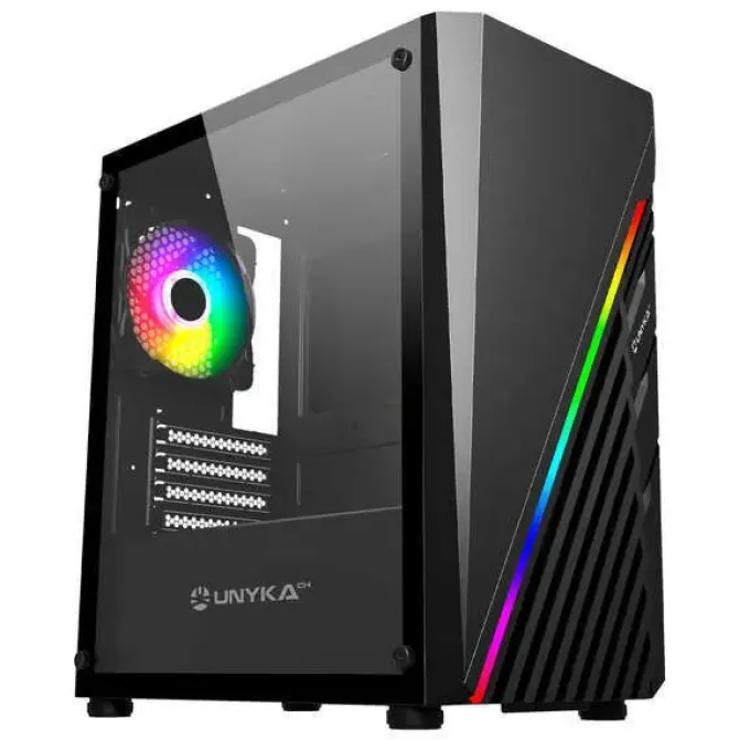 UNYKACH MINI GLAYZE CAJA MICRO-ATX - ILUMINACION ARGB - LATERAL CRISTAL TEMPLADO - USB-A 2.0/3.0 Y AUDIO - 1 VENTILADOR 120MM RGB INSTALADO - COLOR NEGRO