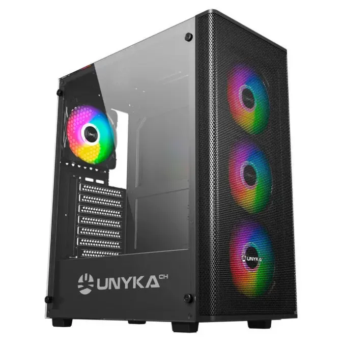 UNYKACH MIR 100 CAJA GAMING ATX, MICRO ATX, ITX - LATERAL DE VIDRIO TEMPLADO - USB-A 2.0, 3.0 Y AUDIO - 4 VENTILADORES 120MM ARGB INSTALADOS - SOPORTA REFRIGERACION LIQUIDA