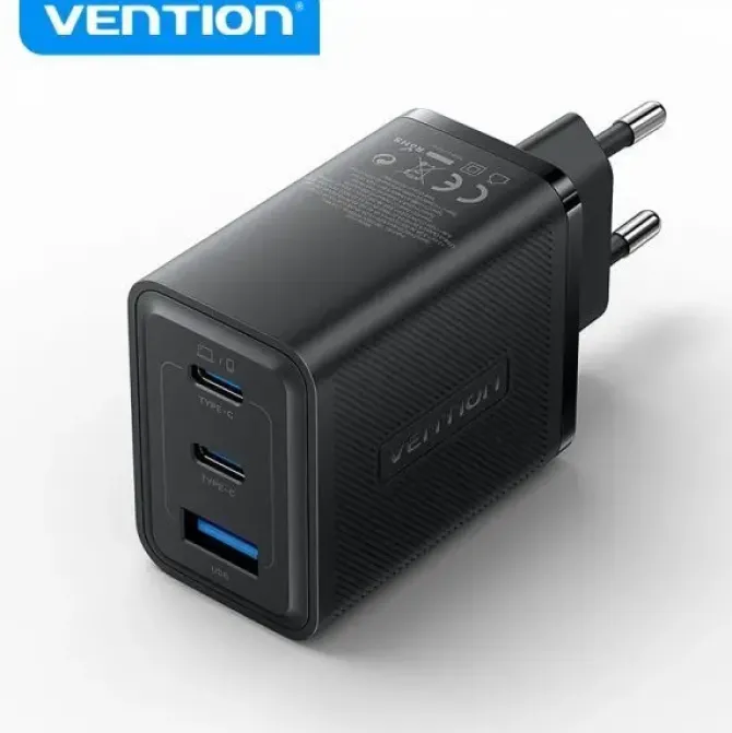 VENTION CARGADOR DE PARED GAN 3 PUERTOS USB (C + C + A) (65W/65W/30W) - EU - COLOR NEGRO
