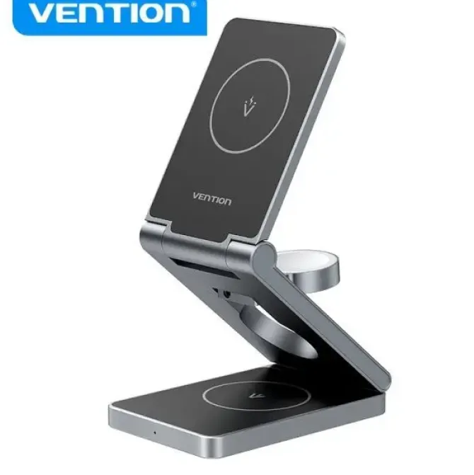 VENTION SOPORTE CARGADOR INALAMBRICO 3 EN 1 MAGSAFE - CARGA RAPIDA 15W - PLEGABLE 180° - COLOR NEGRO