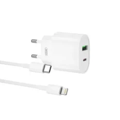 XO L81ATC CARGADOR DE CORRIENTE TIPO C Y USB QC 3.0 20W + CABLE LIGHTNING - CARGA RAPIDA - SALIDA CON PROTECCION INTELIGENTE - COLOR BLANCO
